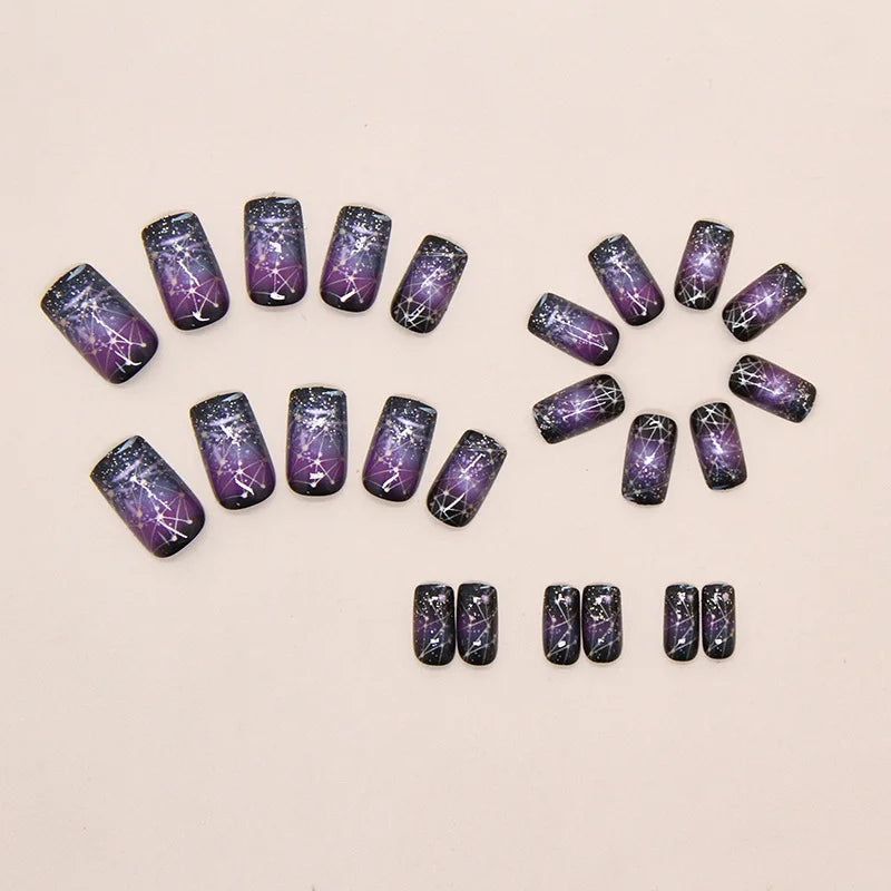 Medium fake nails for women glitter golden silver stars gradient nude purple black almond square nail tips press on false nail