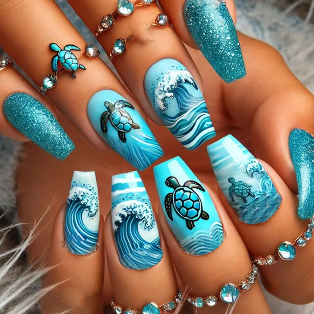Ocean Jellyfish & Turtle Cute Animal Press-On Nails – Medium Long, 24 Pcs