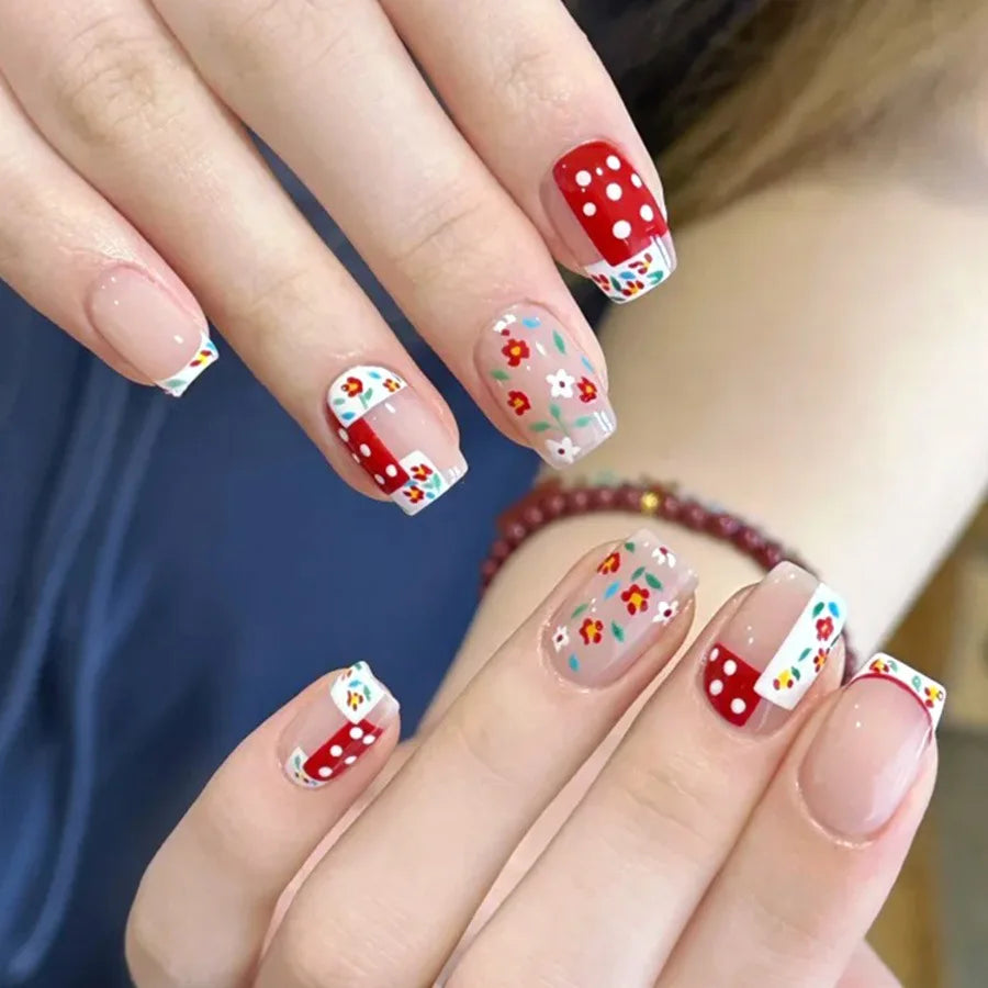 Short Medium long fake nails for women girls colorful flowers feather design Ballet square nail tips press on false nail art set