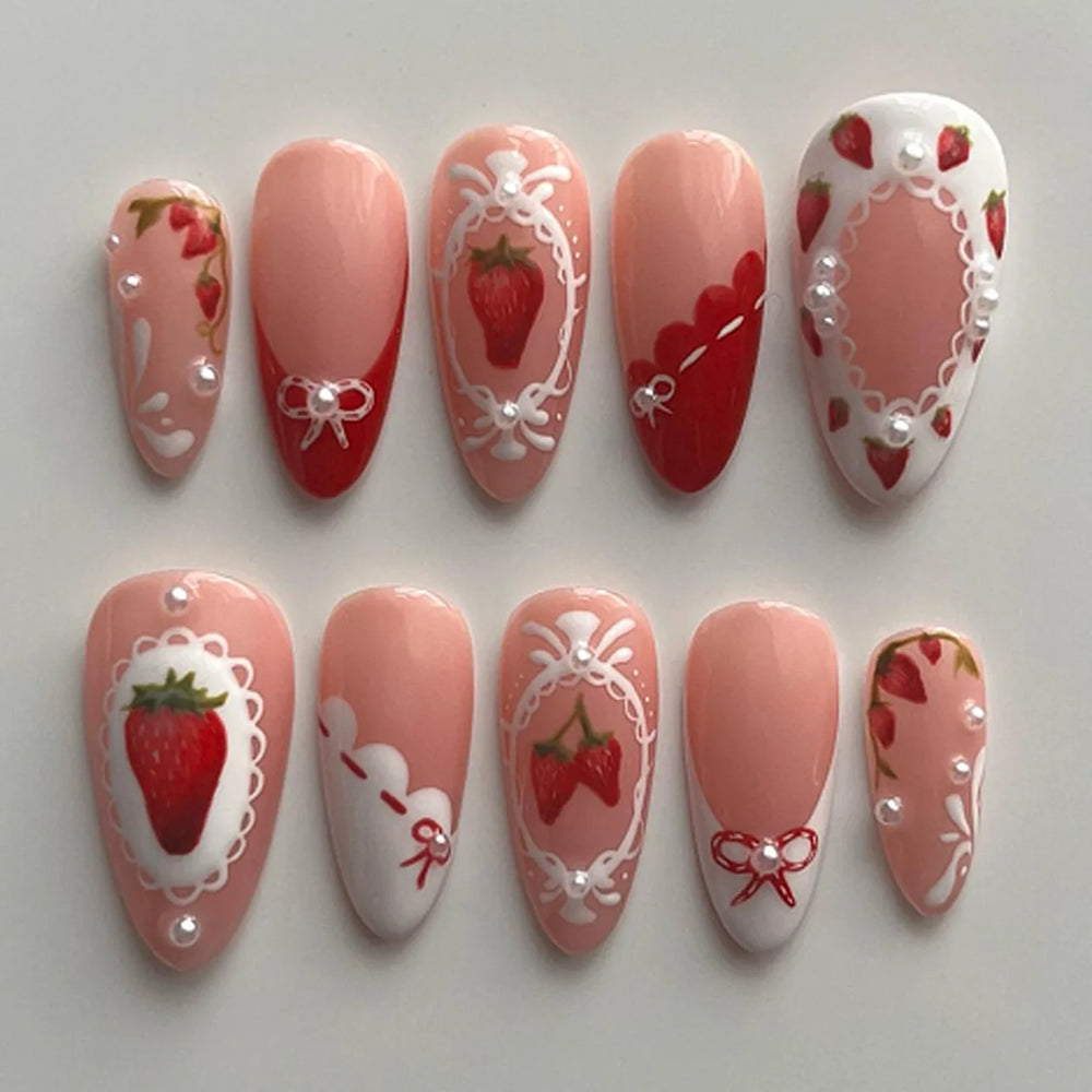 3D Green Ripple Cat-Eye French Almond Press-On Nails – Leaf Pattern, 24 Pcs