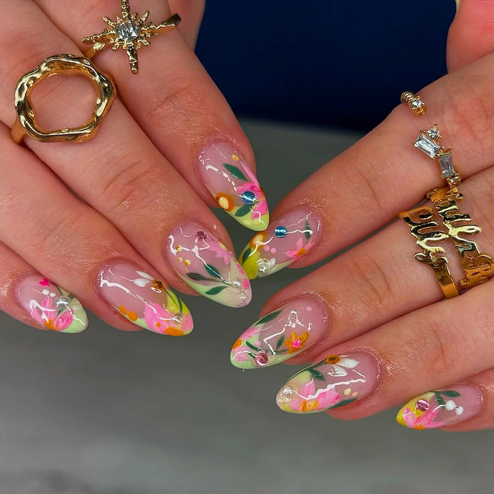 Gold Foil Blue Flower Press-On Nails – Almond, 24 Pcs