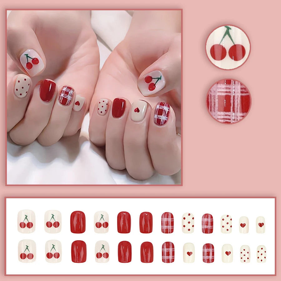Short fake nails for women sparkling glitter or glossy cute red heart cherry design for Valentine's Day press on false nail