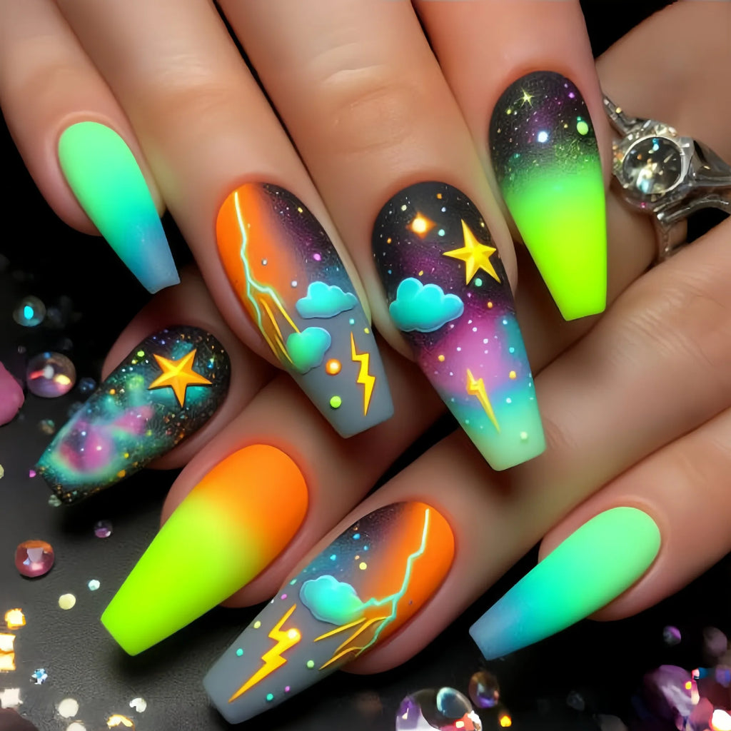Medium long fake nails for women Y2K colors gradient green blue black starry lightning design full cover press on false nail