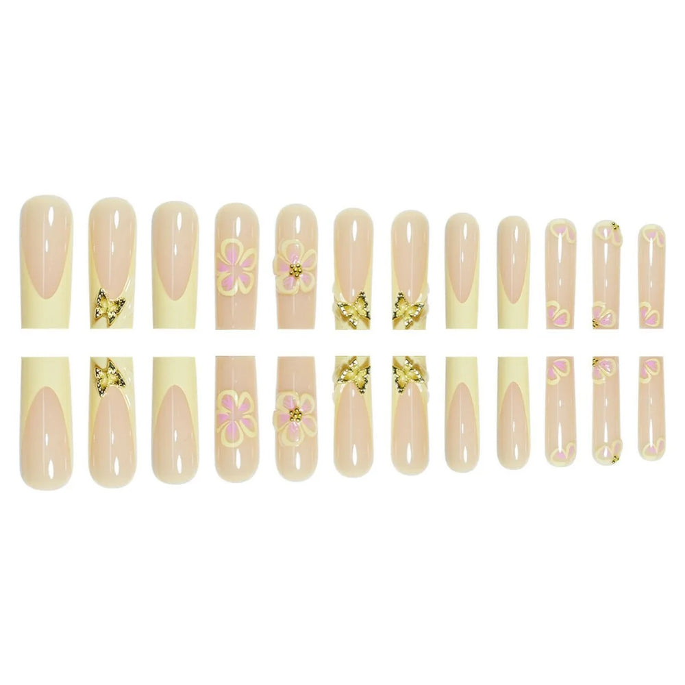 Yellow French Flower & Metal Butterfly Press-On Nails – Long Coffin, 24 Pcs