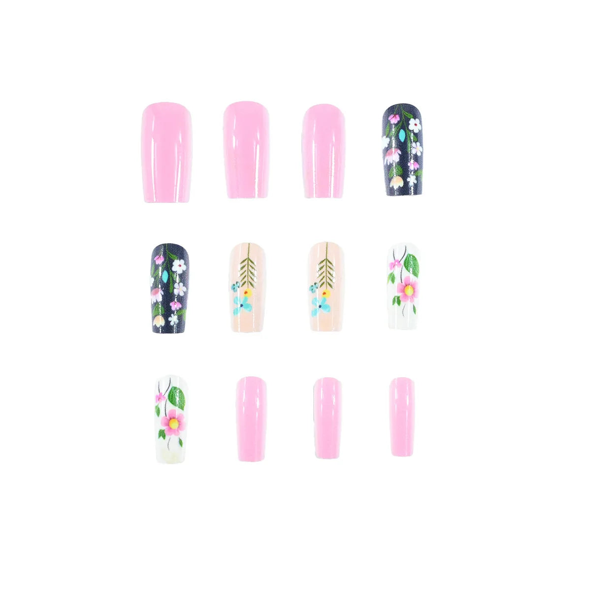 Medium fake nails for women gilrs Gradient pink green with flowers design for Spring summer full cover press on acrylic nail