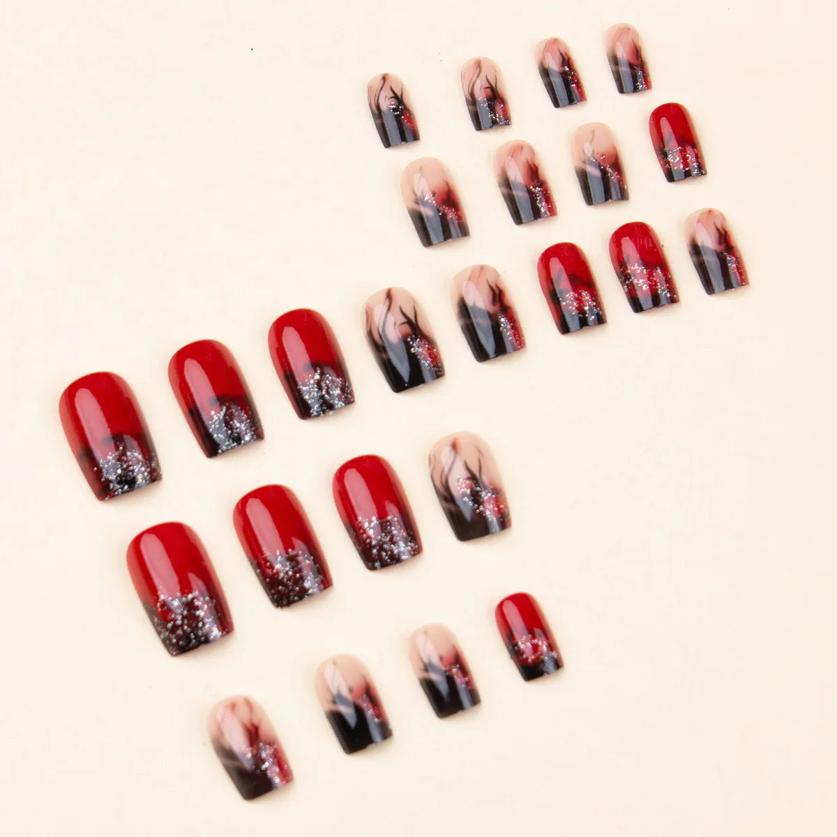 Short Medium fake nails for women Gradient red black colors flame glitters design square nail tips full cover press on nails art