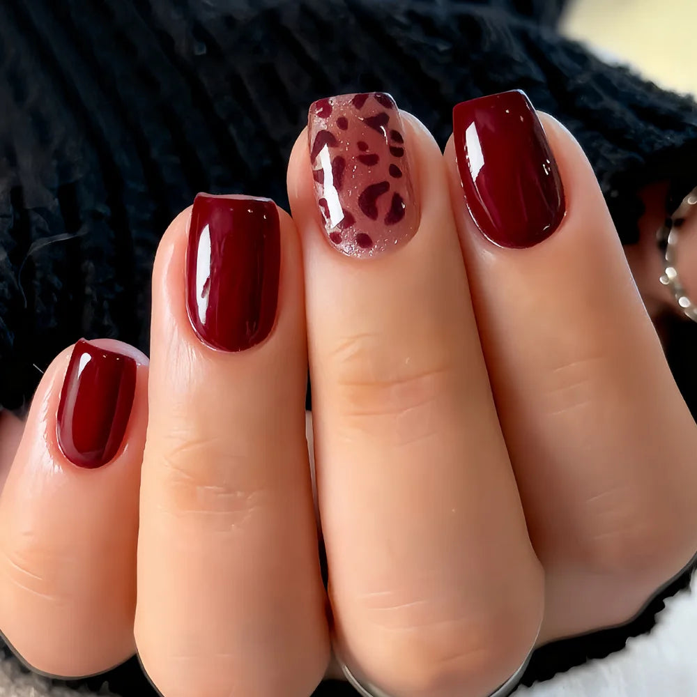 24pcs/set glitter leopard fake nails in wine red black brown nude glossy short square full cover nail tips press on false nail