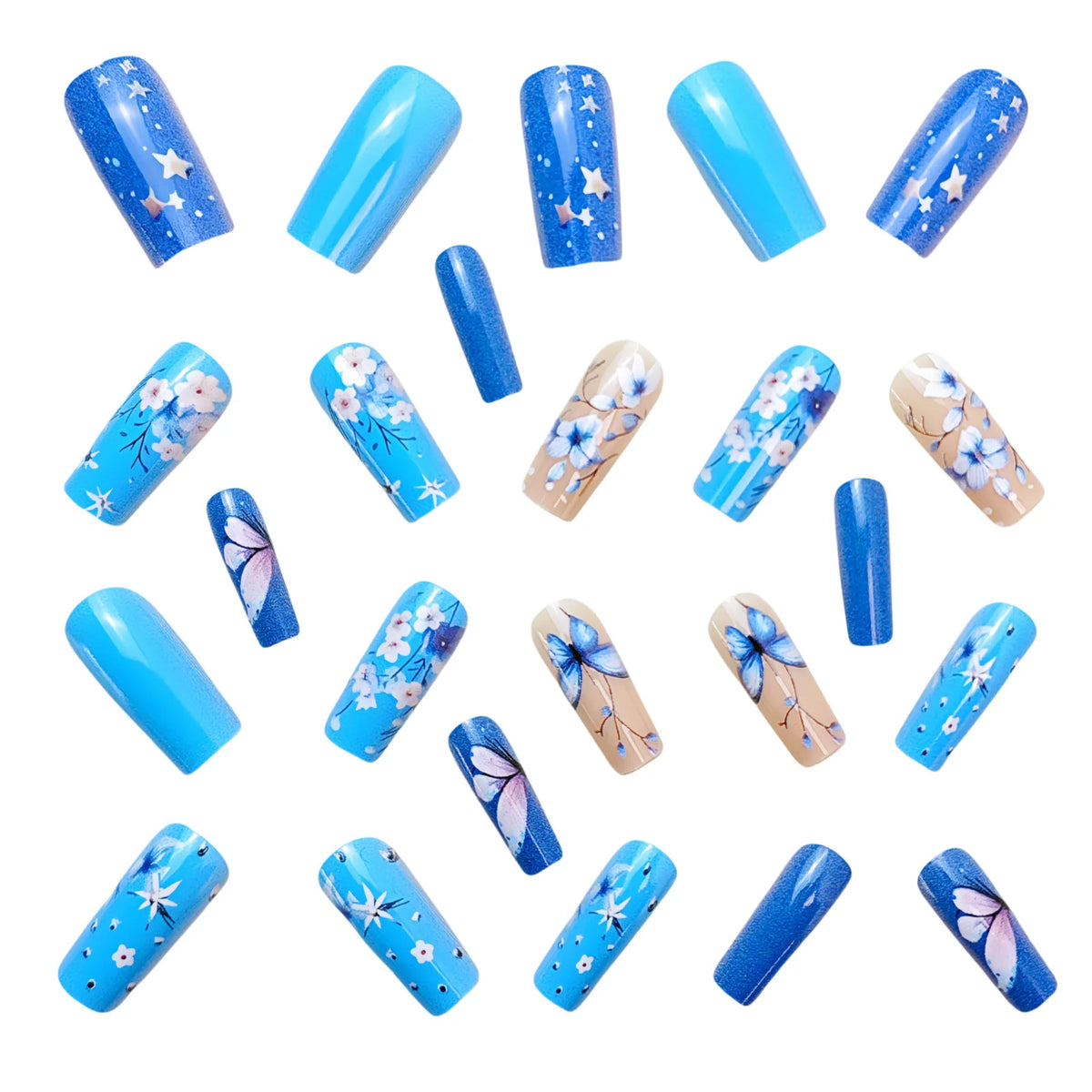 Medium fake nails for women Nude blue colors with flowers butterfly printing Square nail tips full cover press on false nail art