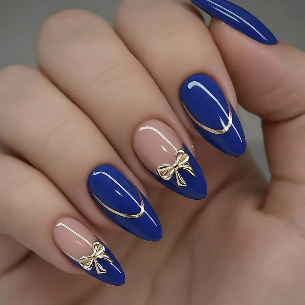 Medium fake nails for women gilrs Nude blue colors with golden strips bow design french style almond nail tips press on nails