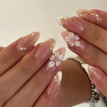 Medium fake nails for women Nude white french almond nail tips with flower pearls golden frame full cover press on false nail