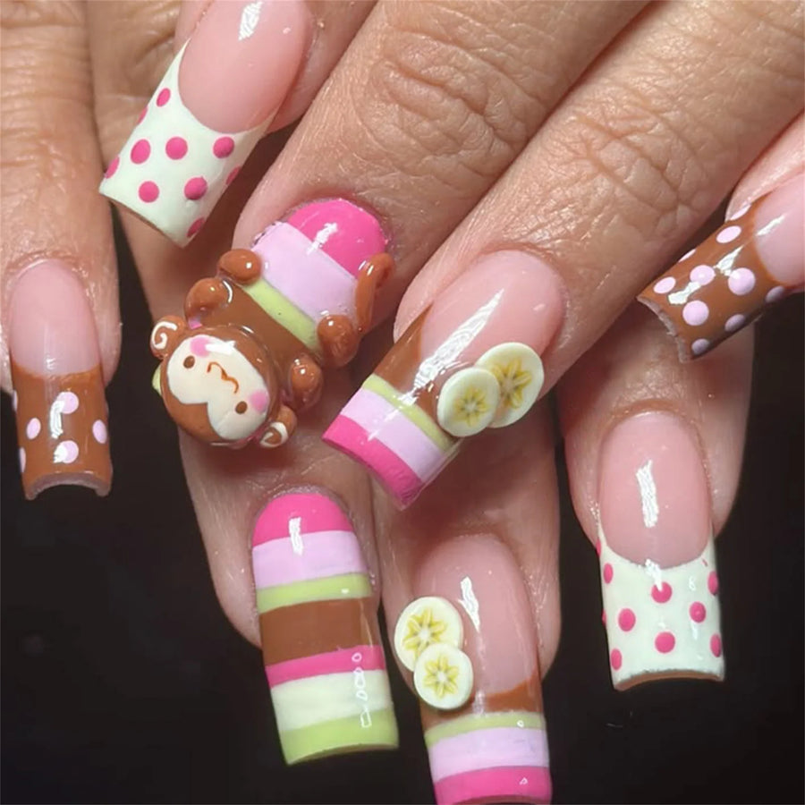 Cartoon Monkey & Banana Macaron Stripe Press-On Nails – Square, 24 Pcs