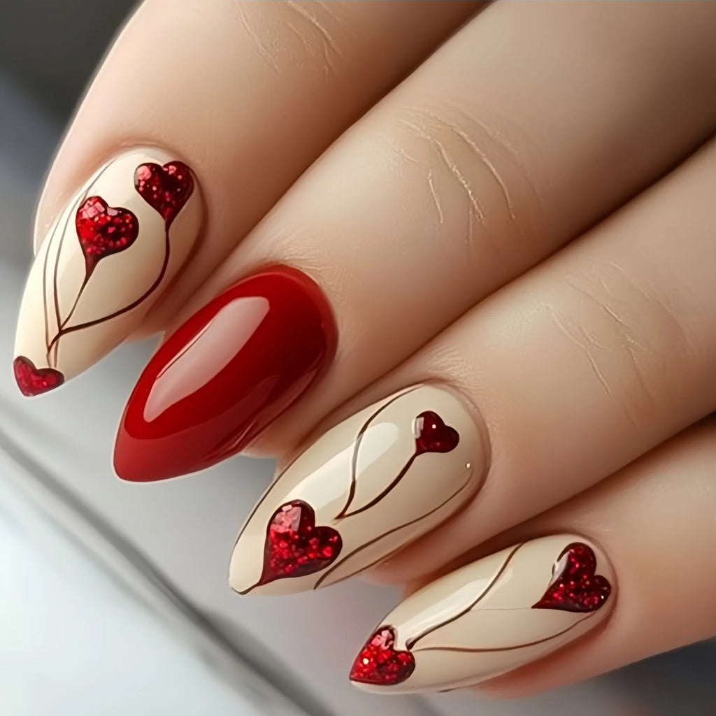 Medium fake nail for women gradient black red heart design for Valentine's Day ballet almond tips press on false nail art set
