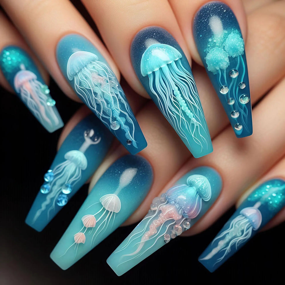 Blue Ocean Fish & Jellyfish Press-On Nails – Medium Long, 24 Pcs
