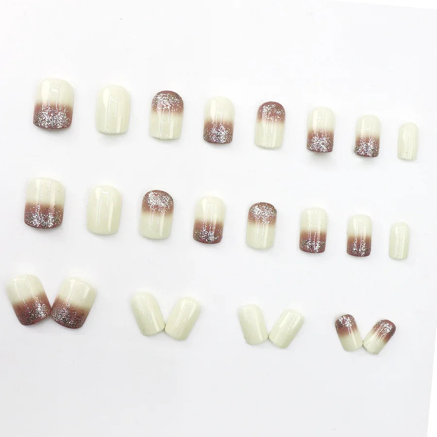 Short fake nails for women gilrs creamy white & brown colors with sparkling glitters Square shape full cover press on false nail