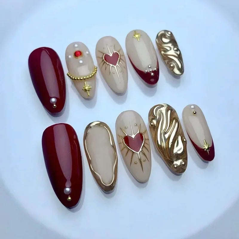 3D Green Ripple Cat-Eye French Almond Press-On Nails – Leaf Pattern, 24 Pcs