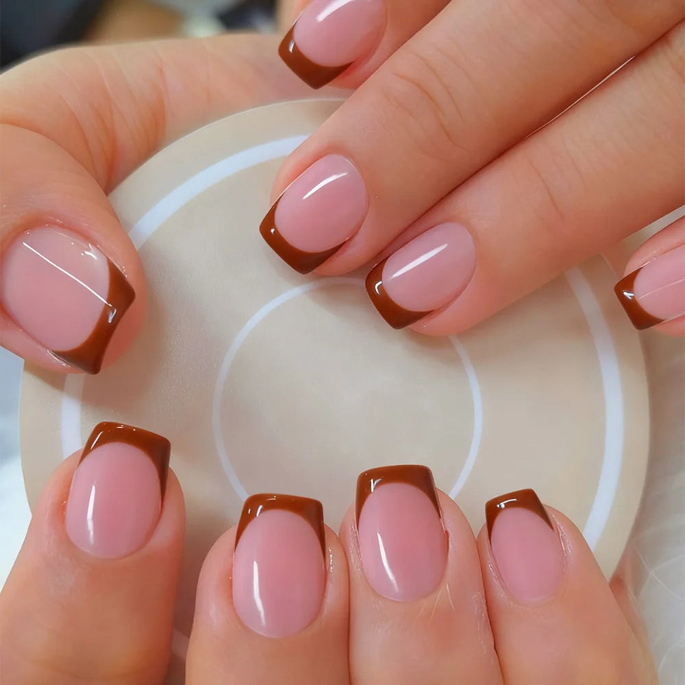 Nude French Press-On Nails with Silver, Red & Gold Frame Edge – Square, 24 Pcs