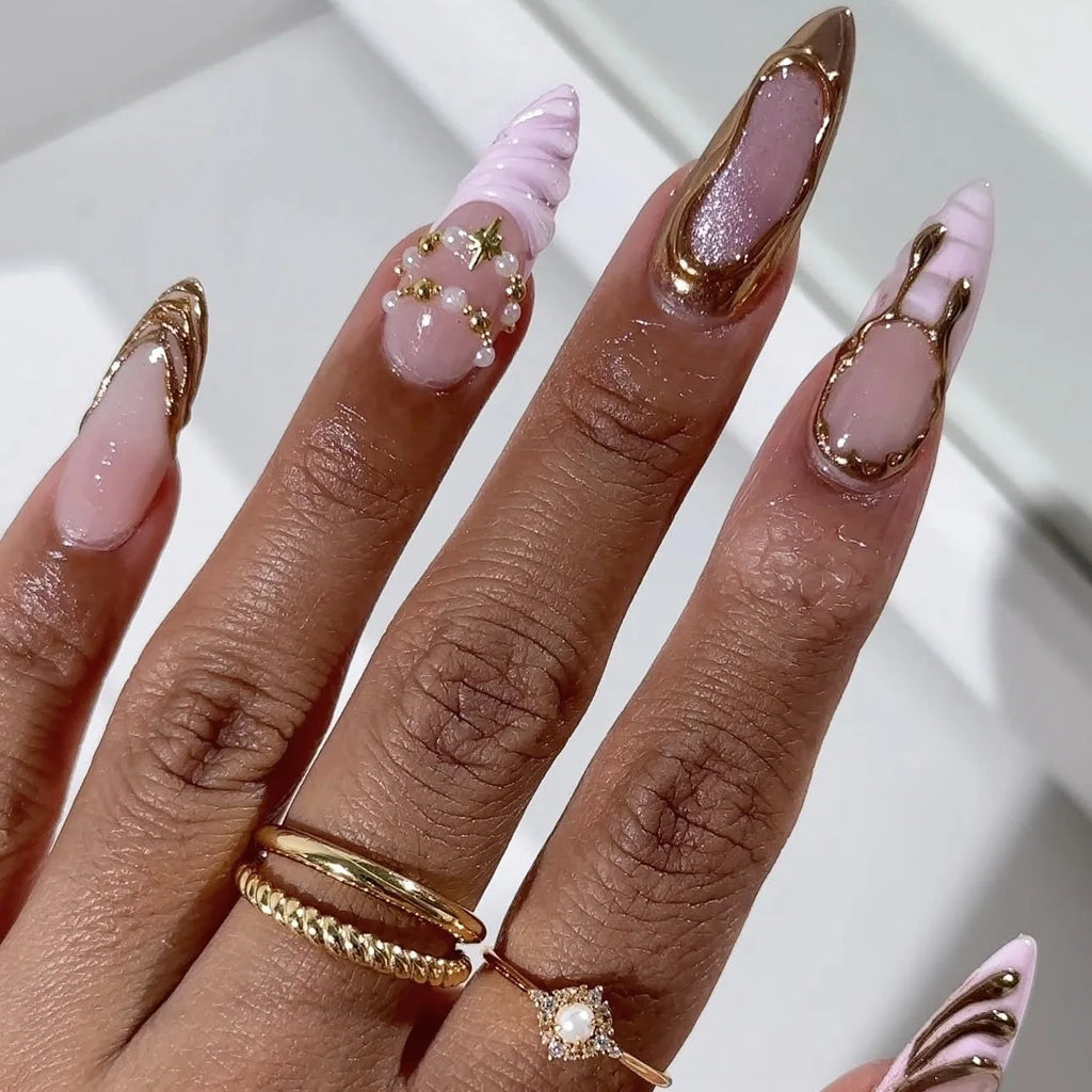 3D fake nails for women girls Gradient pink red almond nail tips golden gilding frame flowers pearls bowknot press on false nail