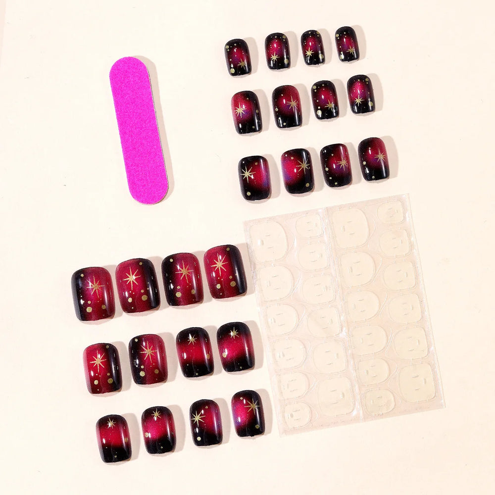 Moon & Star Starry Cat-Eye Gradient Press-On Nails – Short Square, 24 Pcs