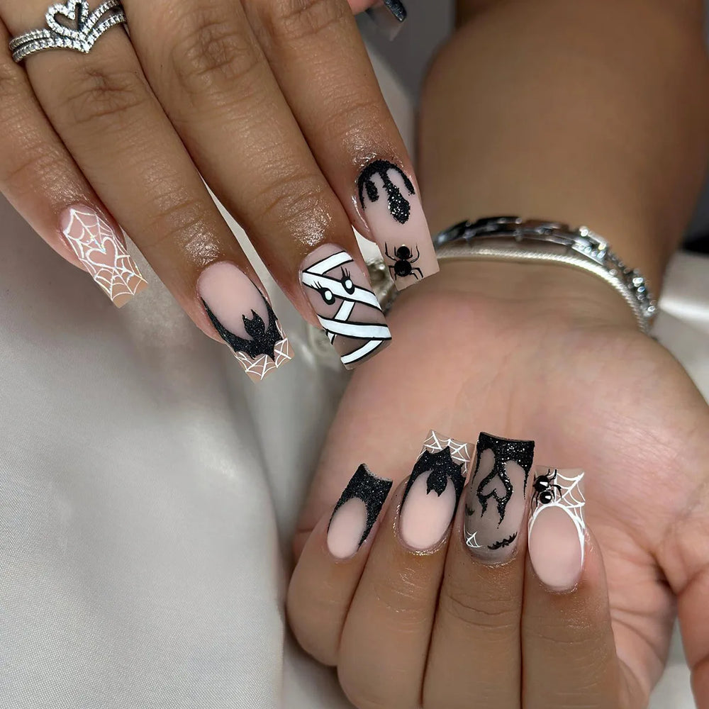 Pink Ombre Ghost & Pumpkin French Press-On Nails – Medium Coffin, 24 Pcs