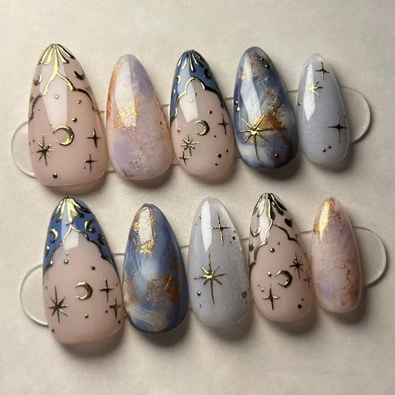 Vintage Painting Star, Moon & Swan Press-On Nails – Almond, 24 Pcs