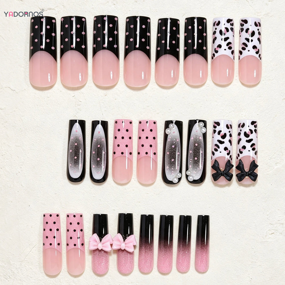 Black Polka Dot Bow & Pearl Press-On Nails – Long Coffin, 24 Pcs