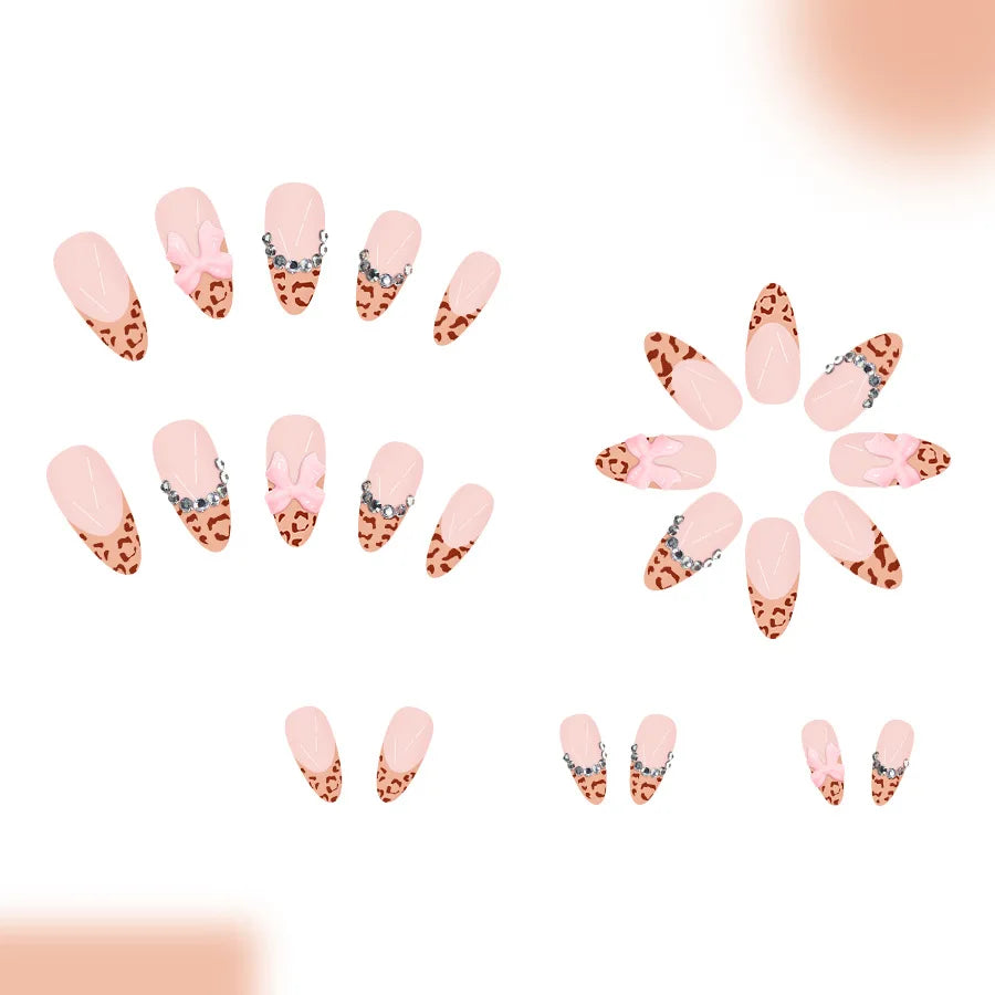 Nude Pink French Press-On Nails with Bow Rhinestones – Short/Medium Square Almond