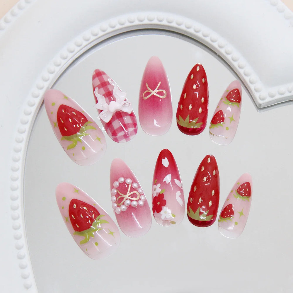 Strawberry Pink Plaid 3D Bow Press-On Nails – Almond, 24 Pcs