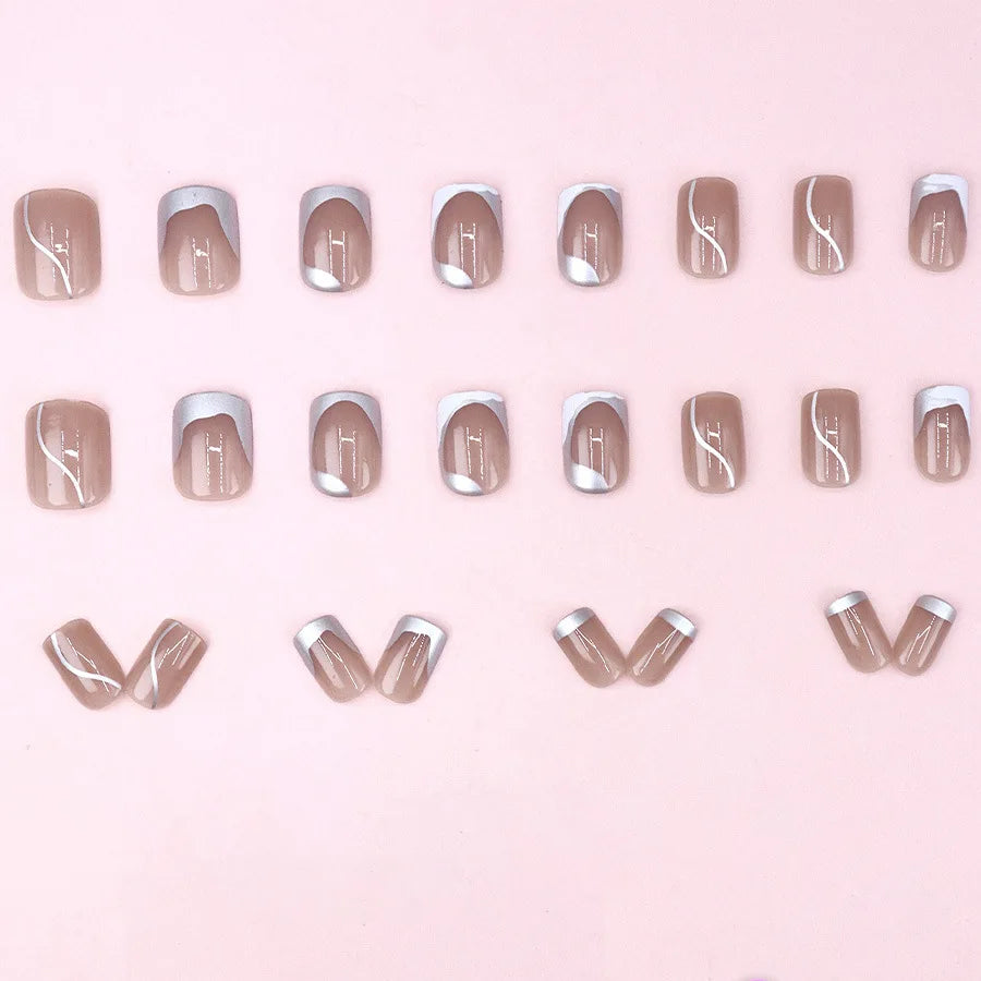 24pcs/set Nude fake nails with silver frame print french short square glossy nail tips full cover reusable press on false nail