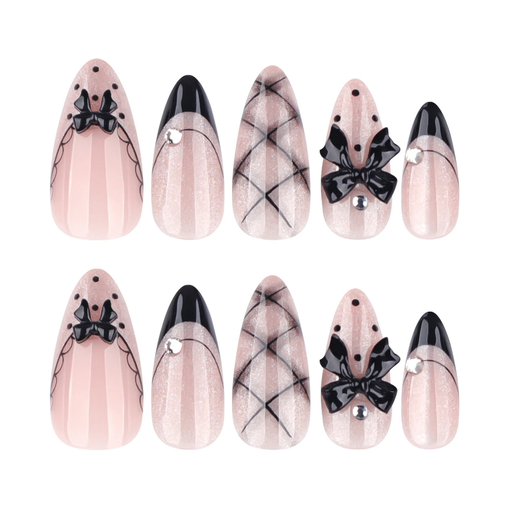 Black Bow Cat-Eye French Press-On Nails – Almond, 24 Pcs