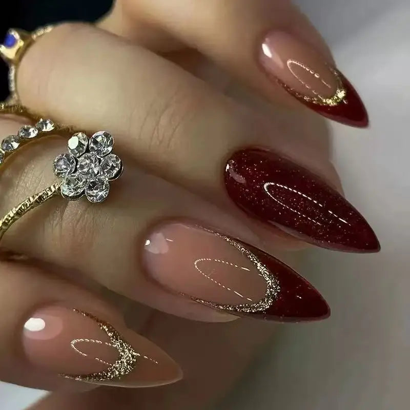 24pcs/set Medium fake nails for women girls almond nail art tips nude red french style golden strips press on false nail art