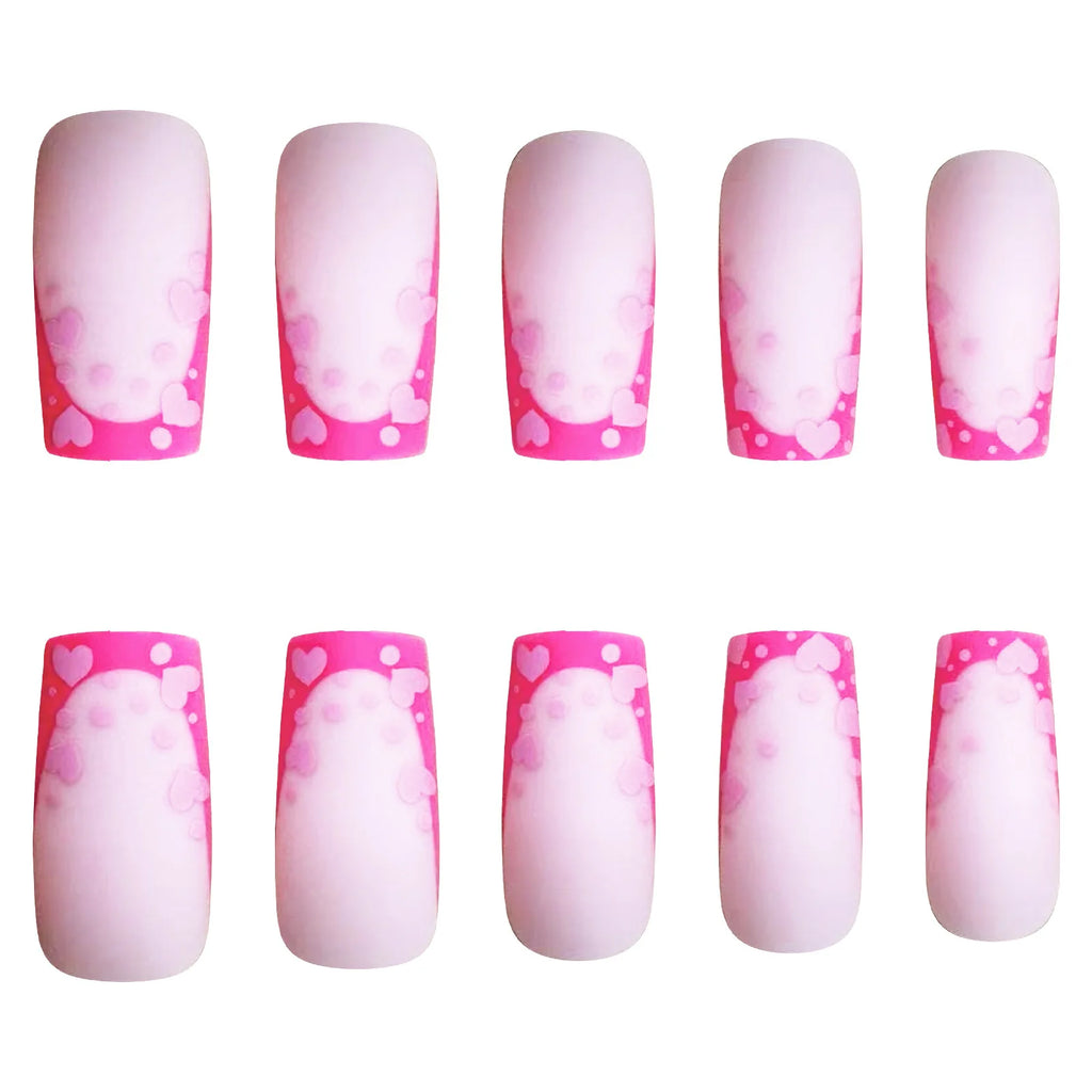 Medium fake nails for women girls red pink heart print french frame full cover square nail tips press on acrylic false nail art