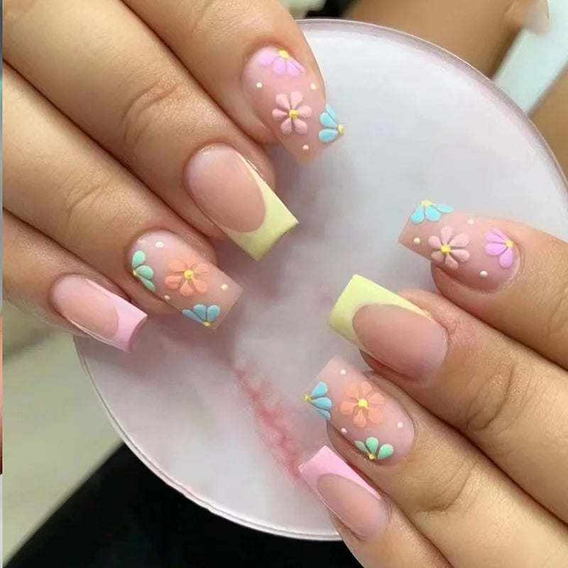 Nude French Spring Flower Press-On Nails – Medium Square