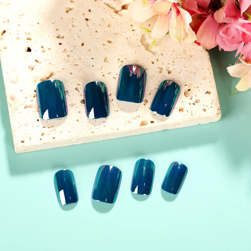 24pcs/set dark blue fake nails for women Holographic Plated glossy square nail tips full cover reusable press on false nail kit