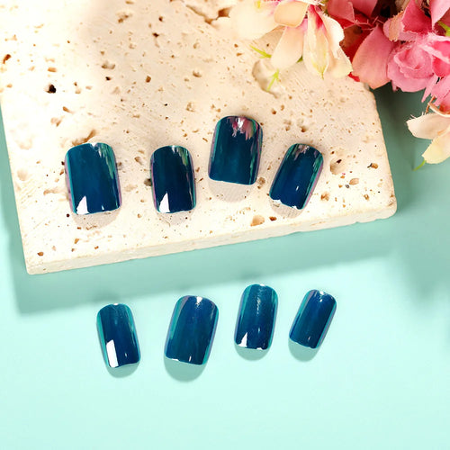 24pcs/set dark blue fake nails for women Holographic Plated glossy square nail tips full cover reusable press on false nail kit
