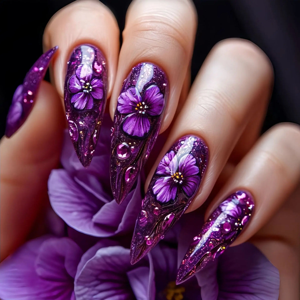 24pcs/set Medium Long Fake Nails for Autumn Winter Y2K Gradient Purple Blue Yellow Green Flowers Cute Gogga Press On False Nail