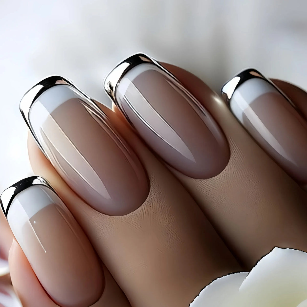 Medium fake nails for women girls french style golden silver frame almond Square shaped artificial nail tips press on false nail