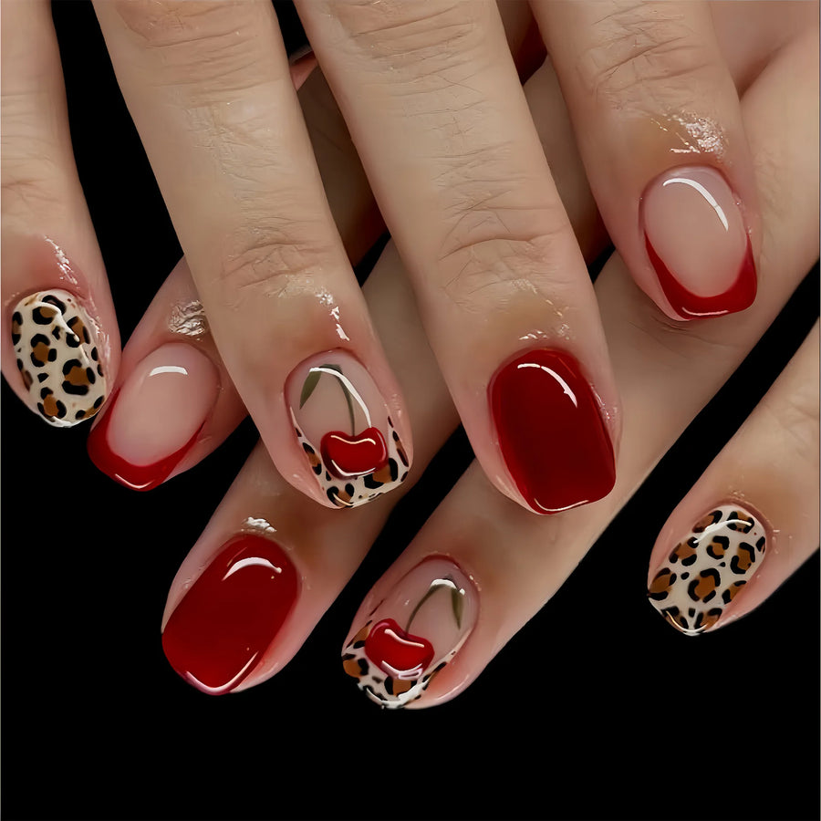 Leopard & Cherry Print French Press-On Nails – Short Square, 24 Pcs