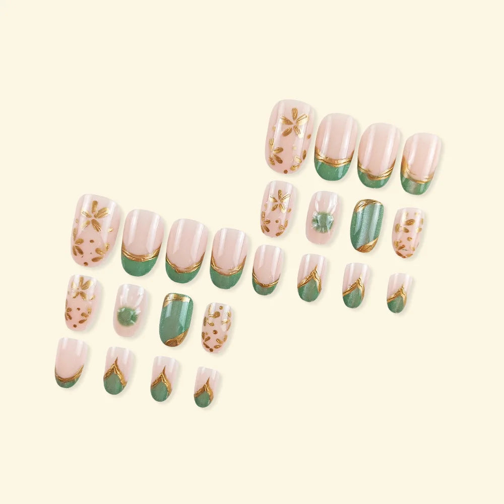 Short Medium fake nails for women Nude golden green shimmer nail tips oval almond shape flora design full cover press on nails