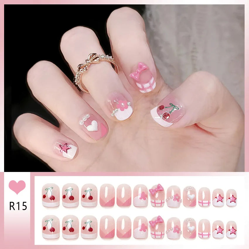 Bow & Heart Pattern Korean French Press-On Nails – Short Round, 24 Pcs