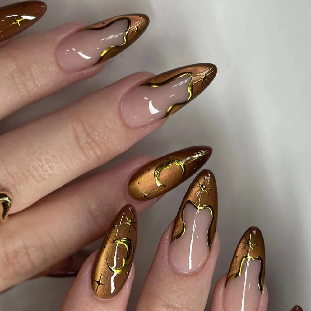 Smudged Blue Gold Star Press-On Nails – Almond, 24 Pcs