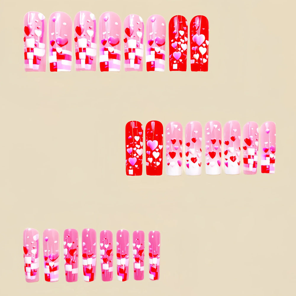 Pink & Red Gradient Heart Press-On Nails – Long Square, Valentine's & Wedding