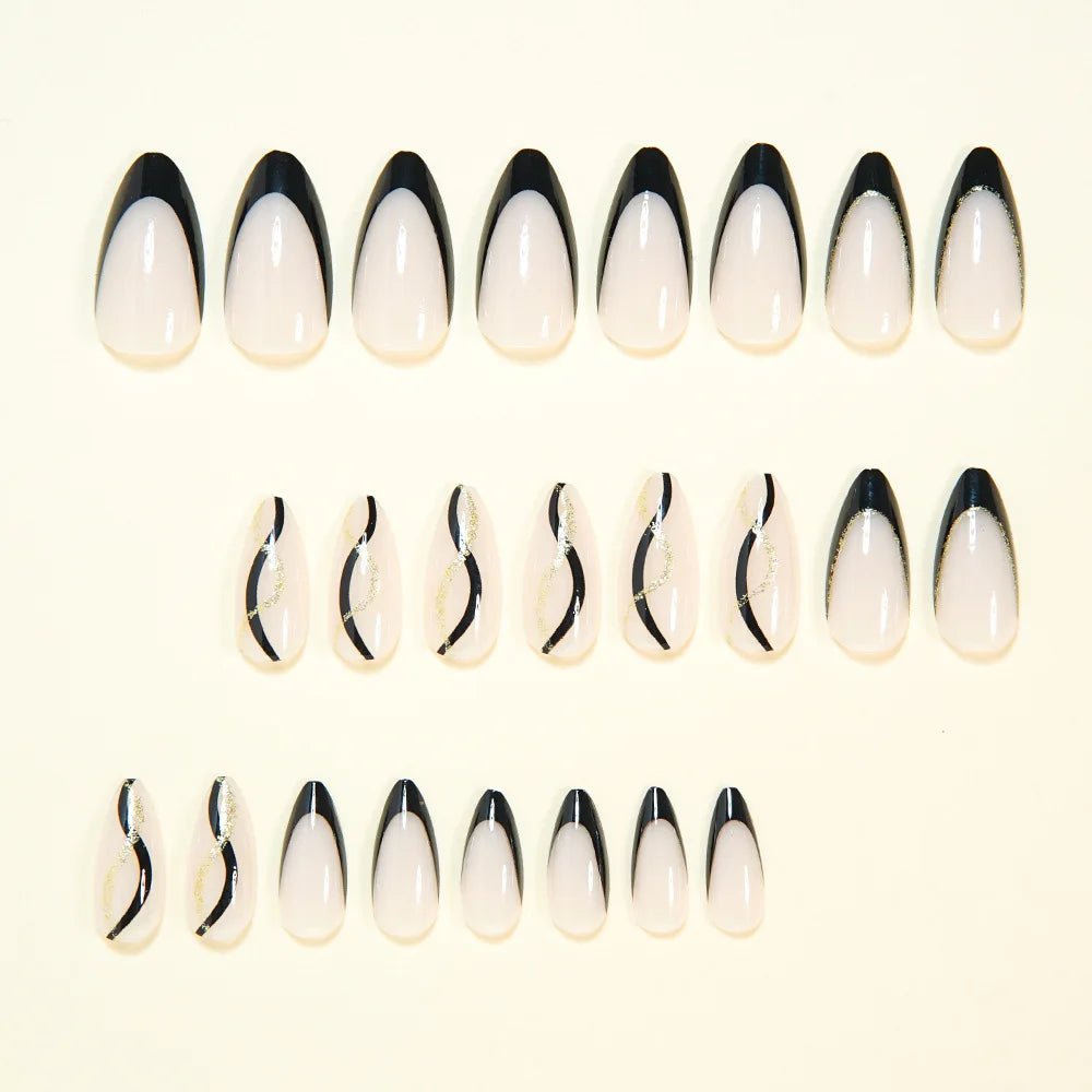 24pcs/set Medium fake nails for women girls almond tips french style strips golden white black yellow press on false nail art