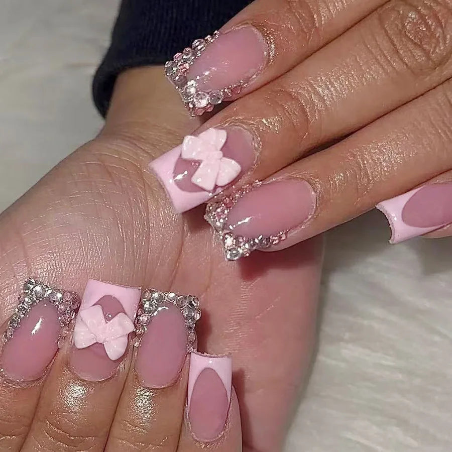 Short Medium fake nails for women girls french style Nude pink square almond nail tips with bow rhinestones press on false nail