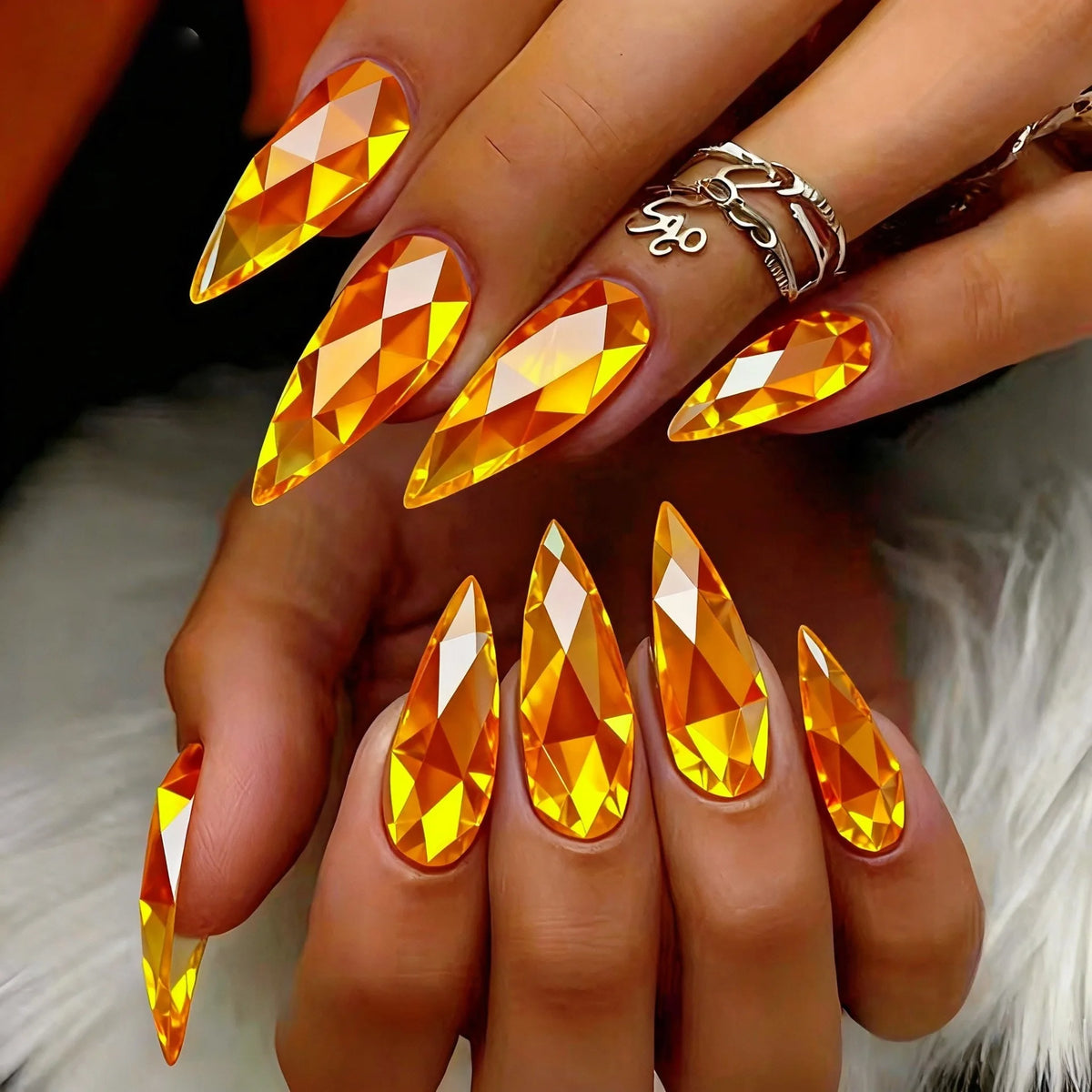 3D fake nails Holographic Plated Metallic glossy rhombus rose golden yellow silver champagne almond nail tips press on nail art
