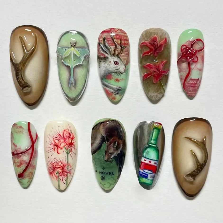 Gothic Portrait & Marble Art Press-On Nails – Almond, 24 Pcs