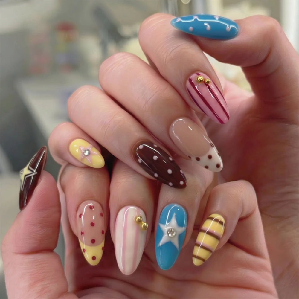 Colorful Star & Stripe French Y2K Press-On Nails – Almond, 24 Pcs