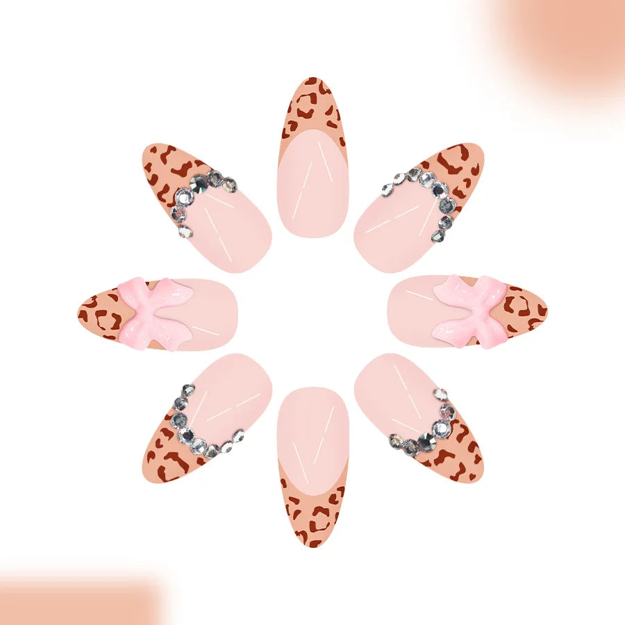 Nude Pink French Press-On Nails with Bow Rhinestones – Short/Medium Square Almond