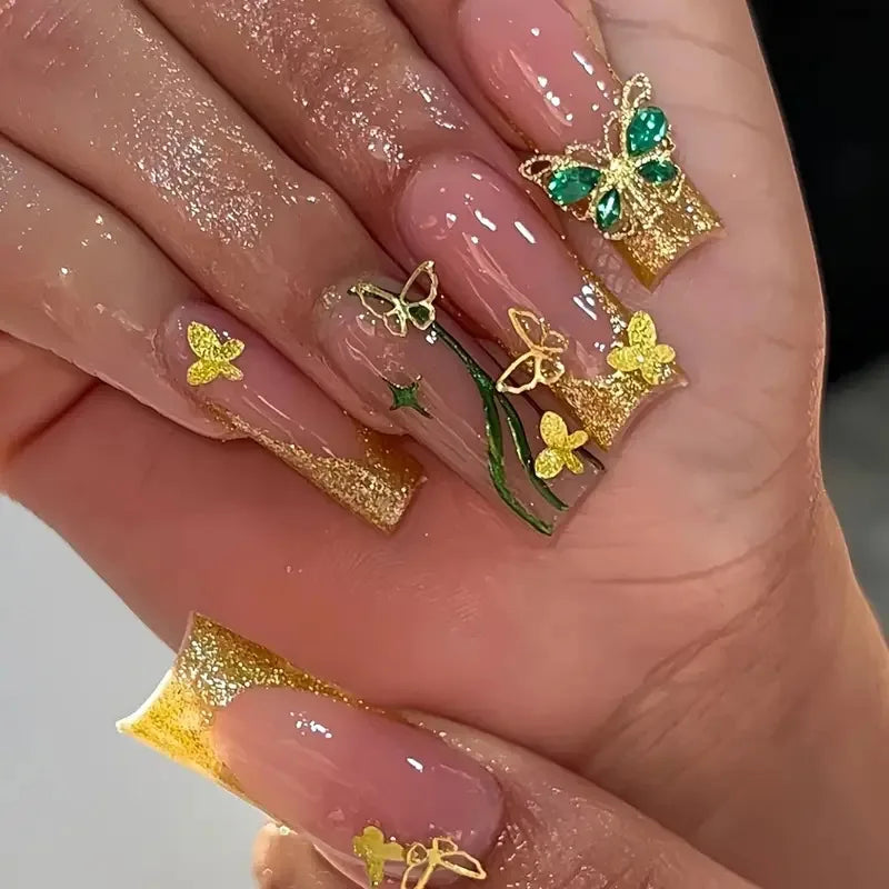 Glitter Butterfly Rhinestone Press-On Nails – Long Coffin, 24 Pcs