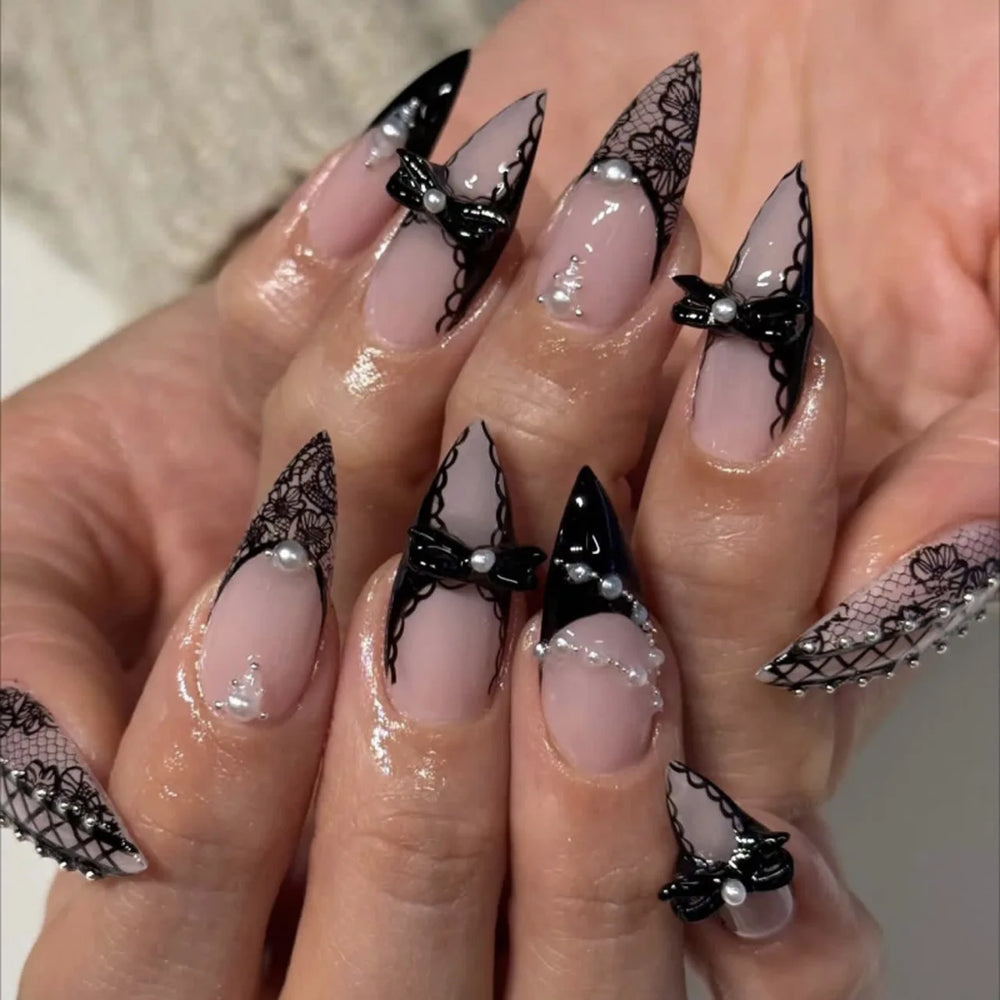 Black Polka Dot Lace 3D Bow Press-On Nails – Almond, 24 Pcs