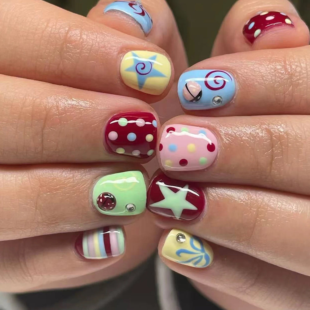 Colorful Polka Dot & Star Y2K Press-On Nails – Short Round, 24 Pcs